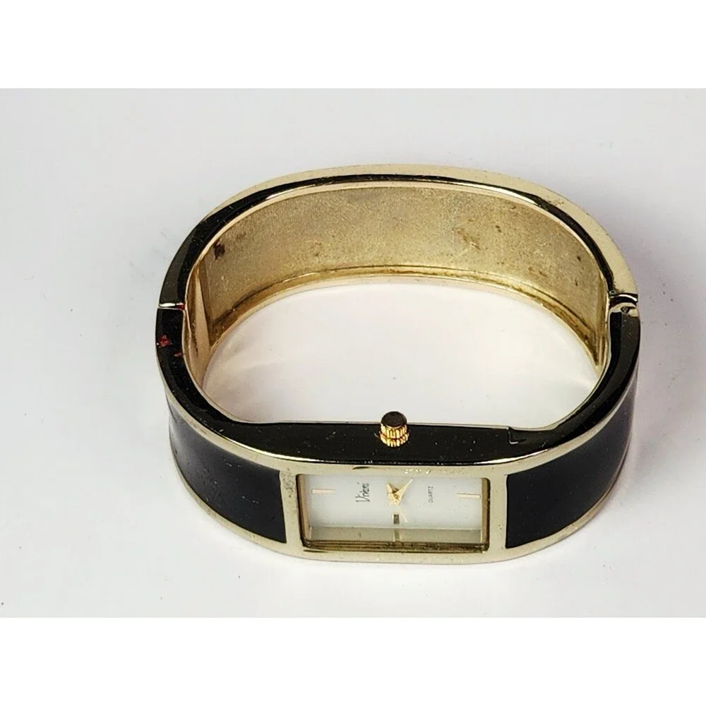 Vintage Vivani Black And Gold Tone Hinged Cuff Bracelet Watch New Battery
